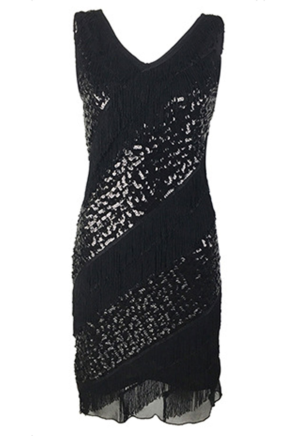 Women Beautiful Shiny Sequins Decorated Tassel Mid Length V-Neck Awesome Party Dress