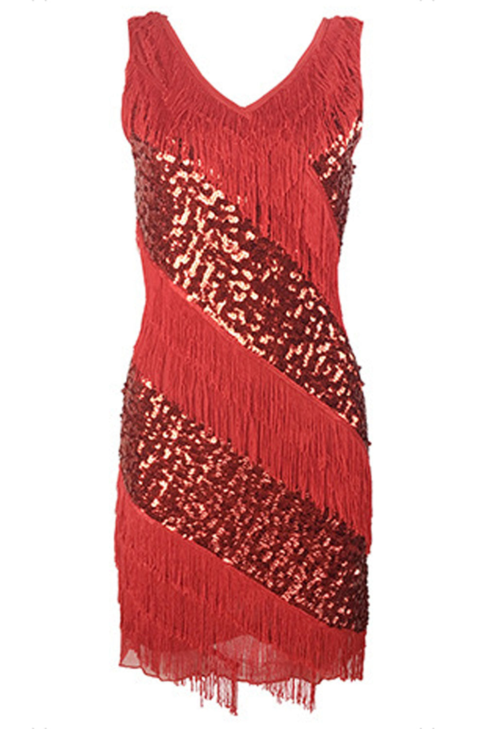 Women Beautiful Shiny Sequins Decorated Tassel Mid Length V-Neck Awesome Party Dress