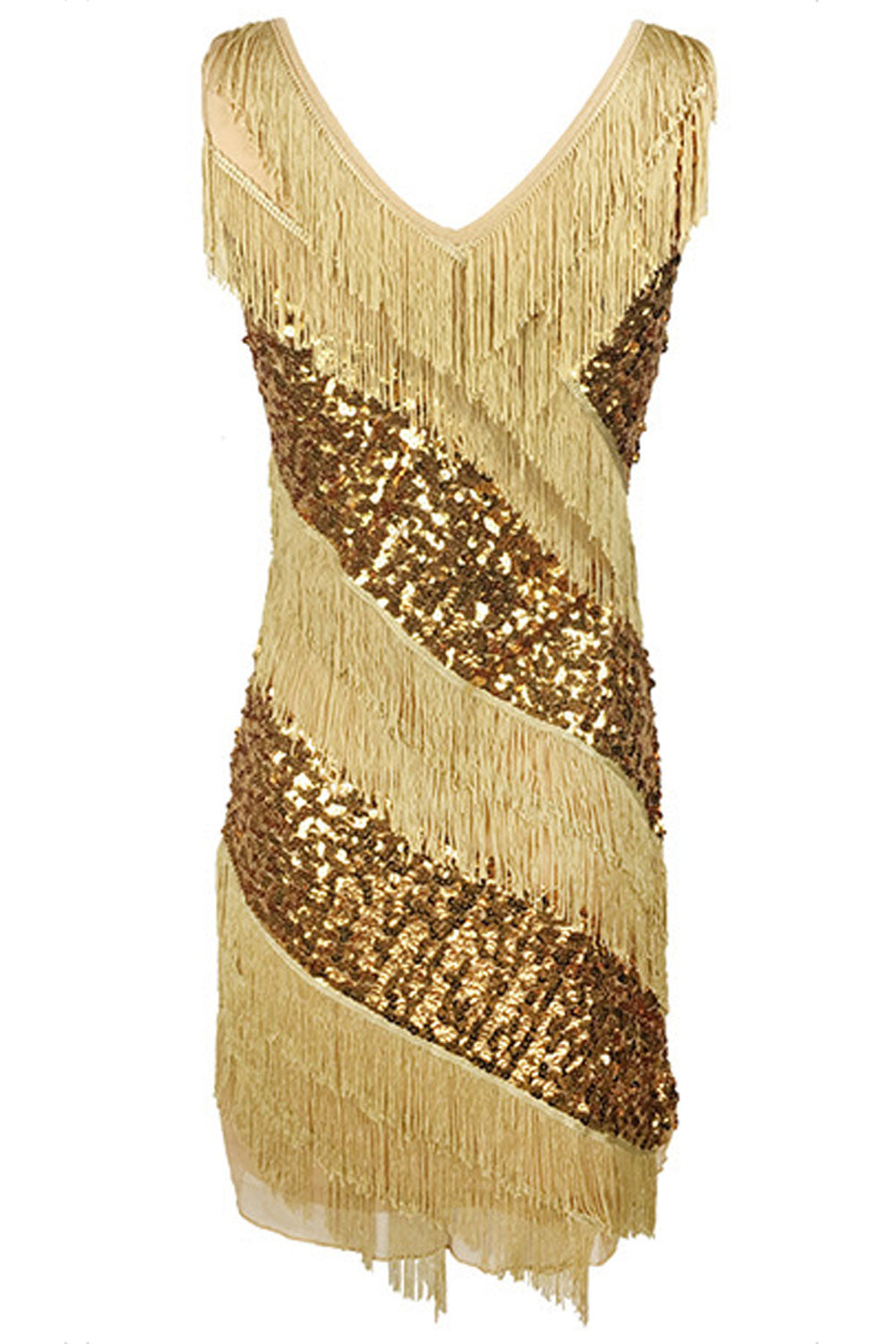 Women Beautiful Shiny Sequins Decorated Tassel Mid Length V-Neck Awesome Party Dress