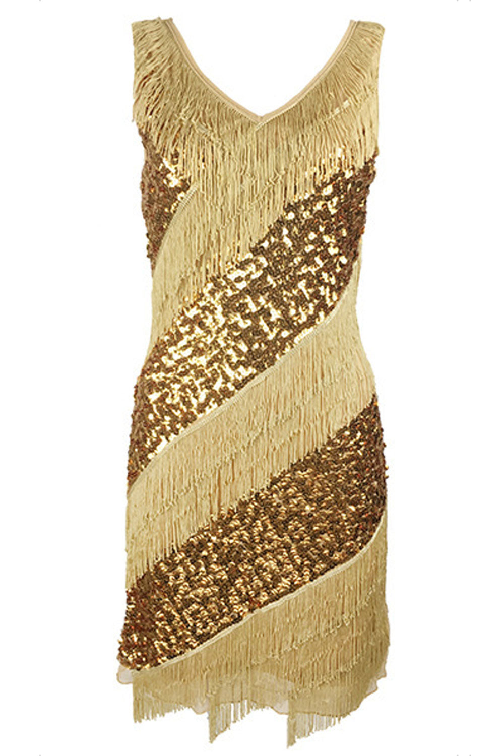 Women Beautiful Shiny Sequins Decorated Tassel Mid Length V-Neck Awesome Party Dress