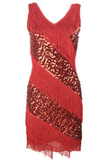 Women Beautiful Shiny Sequins Decorated Tassel Mid Length V-Neck Awesome Party Dress
