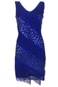 Women Beautiful Shiny Sequins Decorated Tassel Mid Length V-Neck Awesome Party Dress