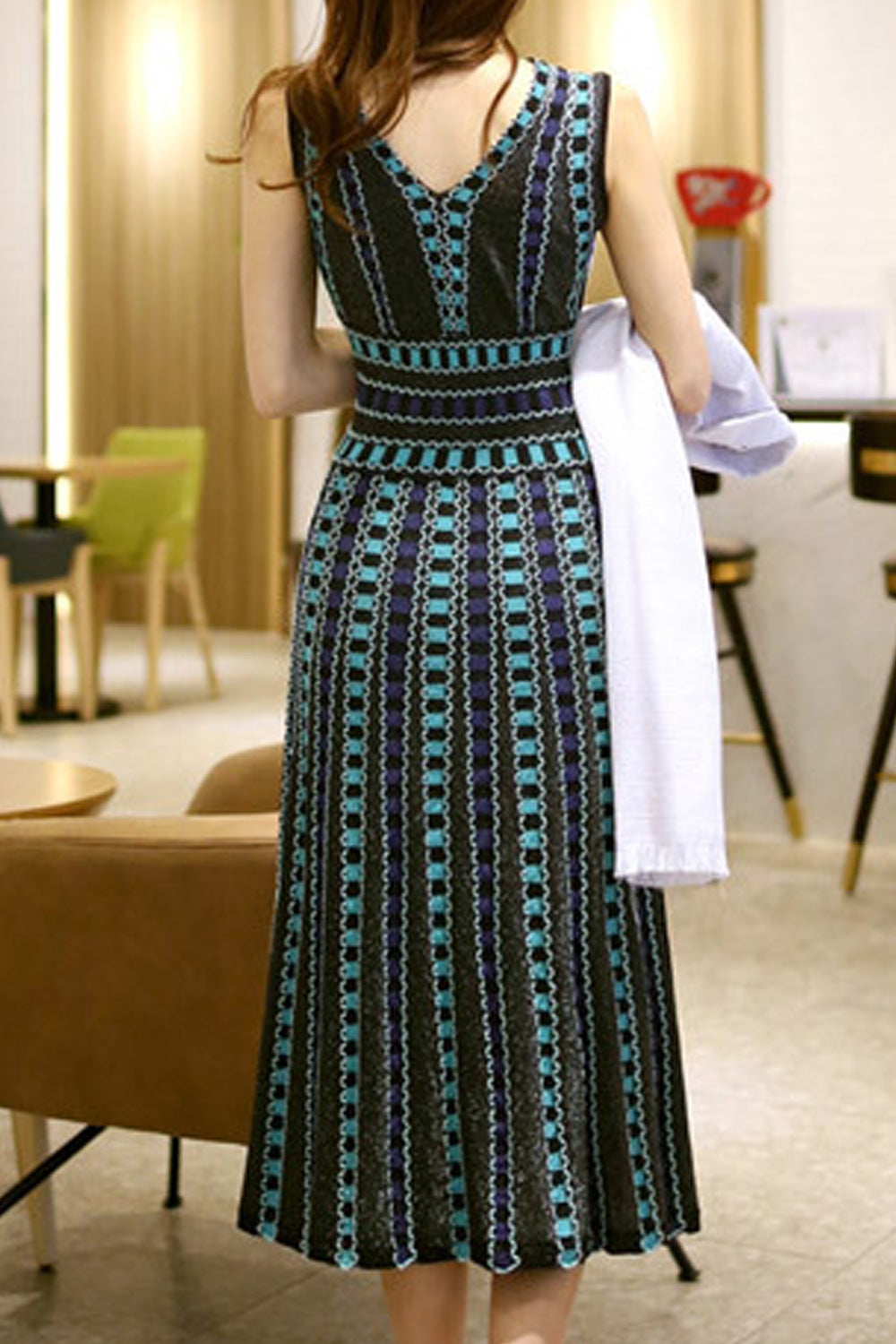 Women V-Neck Stylish Printed Pattern Sleeveless Soft Breathable Classy Dress