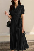Women Soft Pleated Skirt Short Sleeve Solid Pattern Breathable Lightweight Dress
