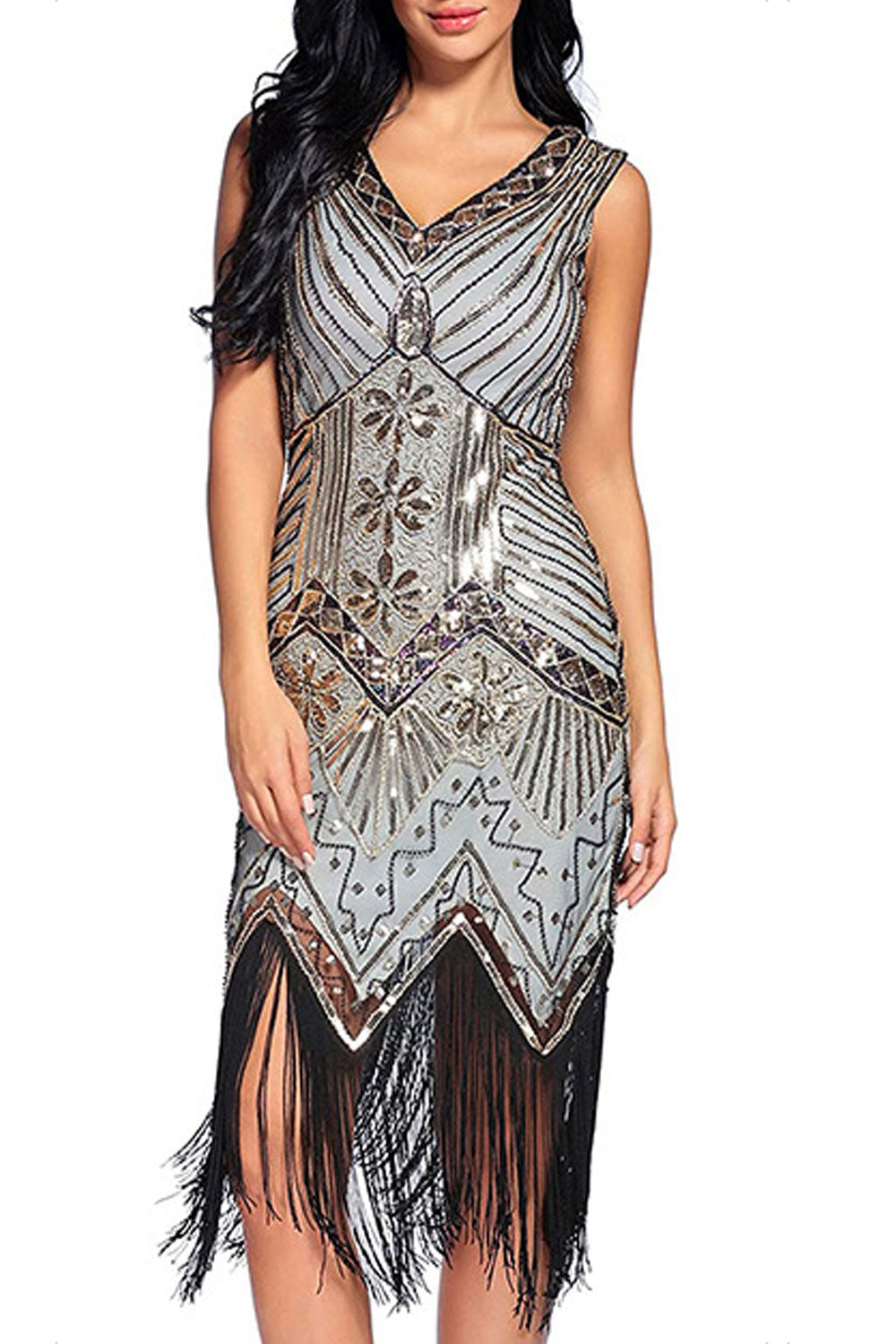 Women Lovely Tassel Hem Sequins Decorated V-Neck Fashionable Party Dress