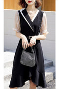 Women Thin Short Sleeve V-Neck Casual Solid Colored Mid Length Elegant Summer Dress