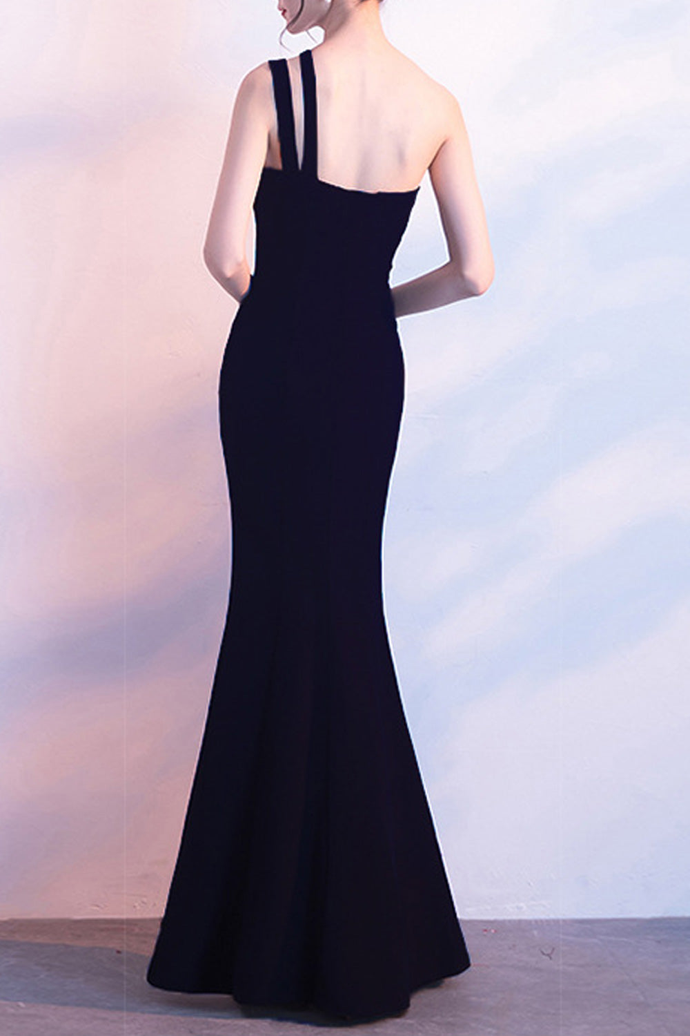 Women Elegant Solid Colored One Shoulder slit Hem Long Length Modern Evening Party Dress