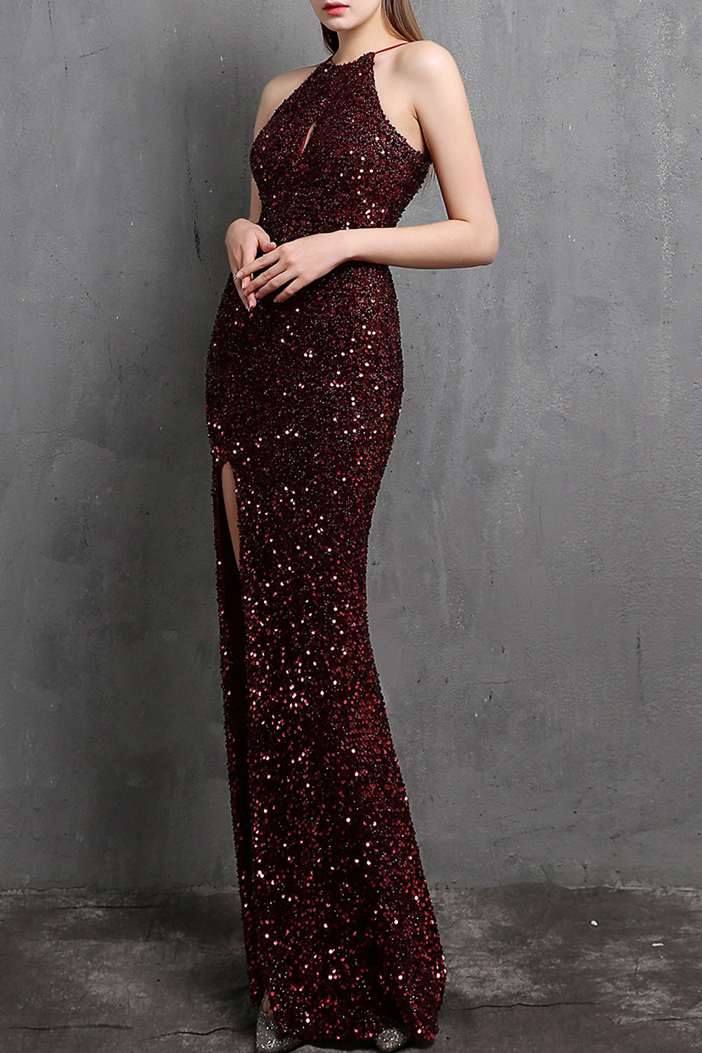 Women Fantastic Halter Neck Slit Hem Sequins Decorated Shiny Evening Party Dress
