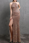 Women Fantastic Halter Neck Slit Hem Sequins Decorated Shiny Evening Party Dress
