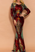 Women Slim Fit Long Sleeve Shiny Sequins Attached Charming Round Neck Party Dress