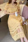 Women Breathable Hollow Lace Long Length Round Neck Short Sleeve Solid Pattern Dress