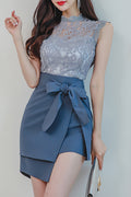 Women Short Length Solid pattern Summer Sleeveless Lace Embroidery Thin Dress