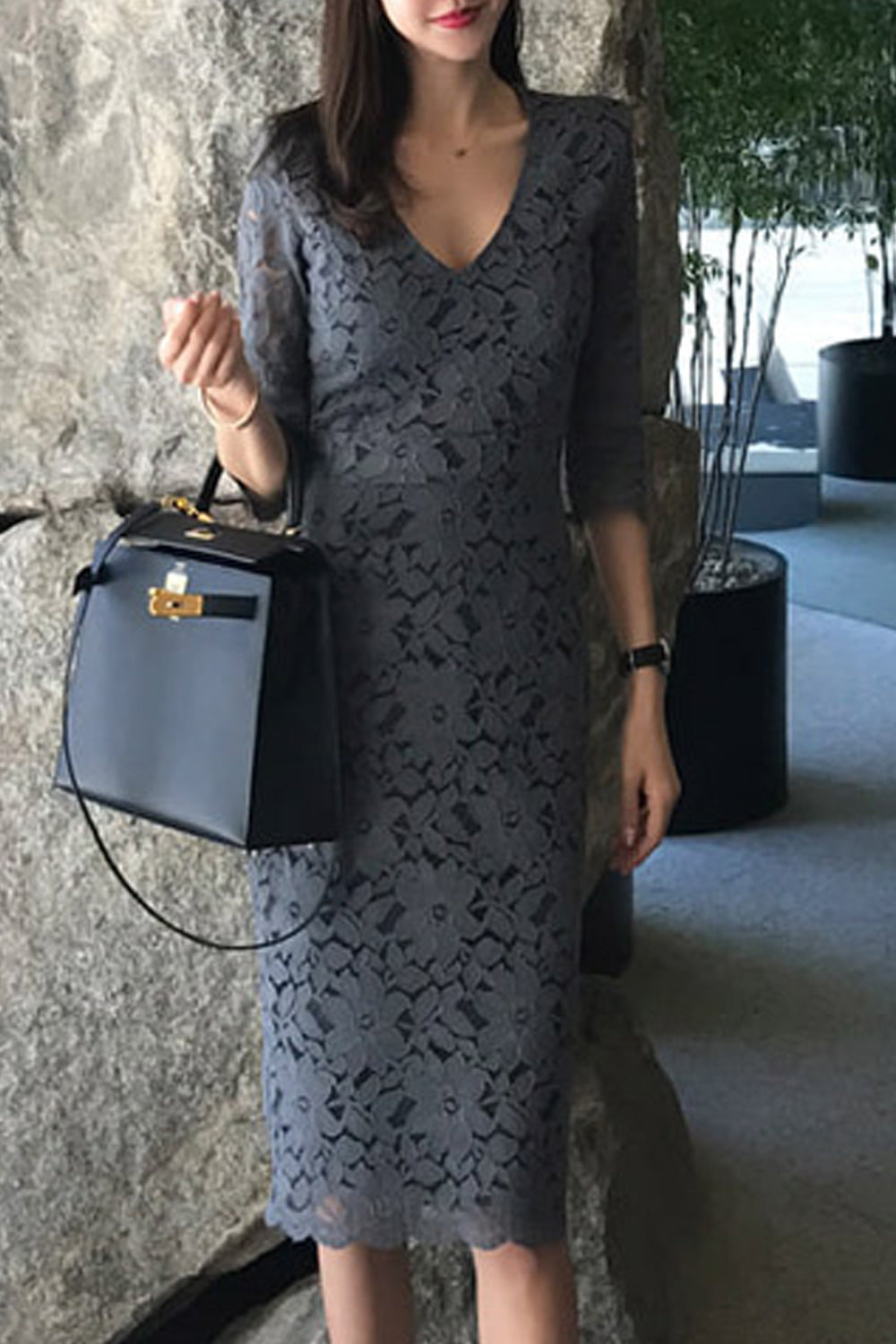 Women Superb Deep V-Neck Breathable Elbow Sleeve Lace Pattern Pretty Dress