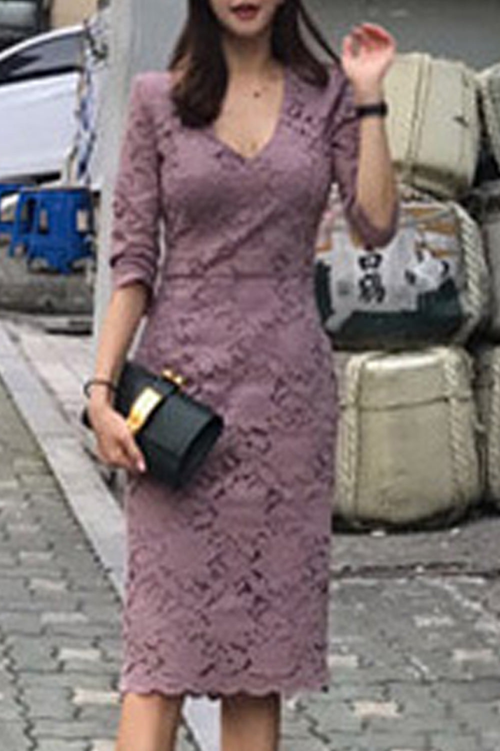 Women Superb Deep V-Neck Breathable Elbow Sleeve Lace Pattern Pretty Dress