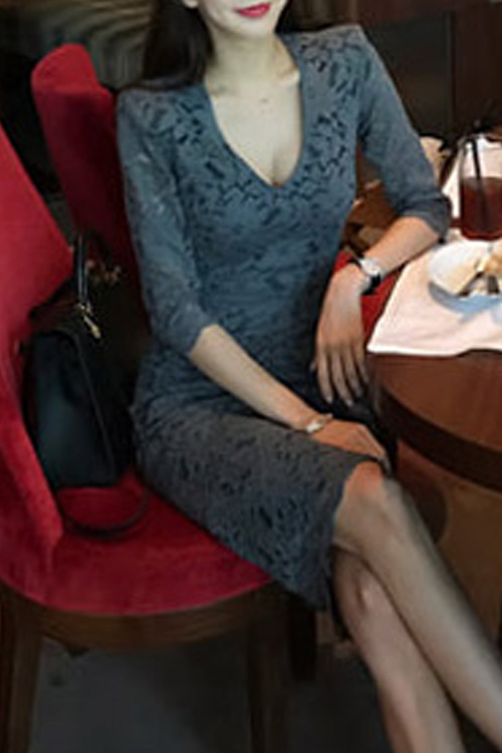 Women Superb Deep V-Neck Breathable Elbow Sleeve Lace Pattern Pretty Dress