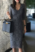 Women Superb Deep V-Neck Breathable Elbow Sleeve Lace Pattern Pretty Dress