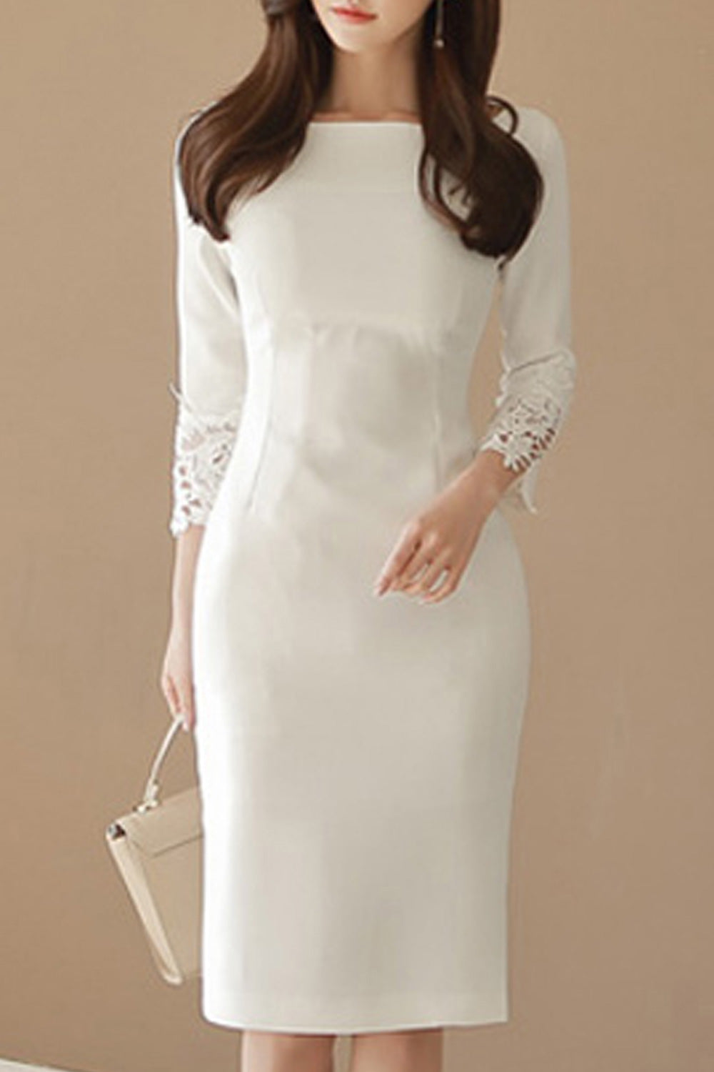 Women Long Sleeve Elegant Solid Pattern Lightweight Lace Round Neck Dress