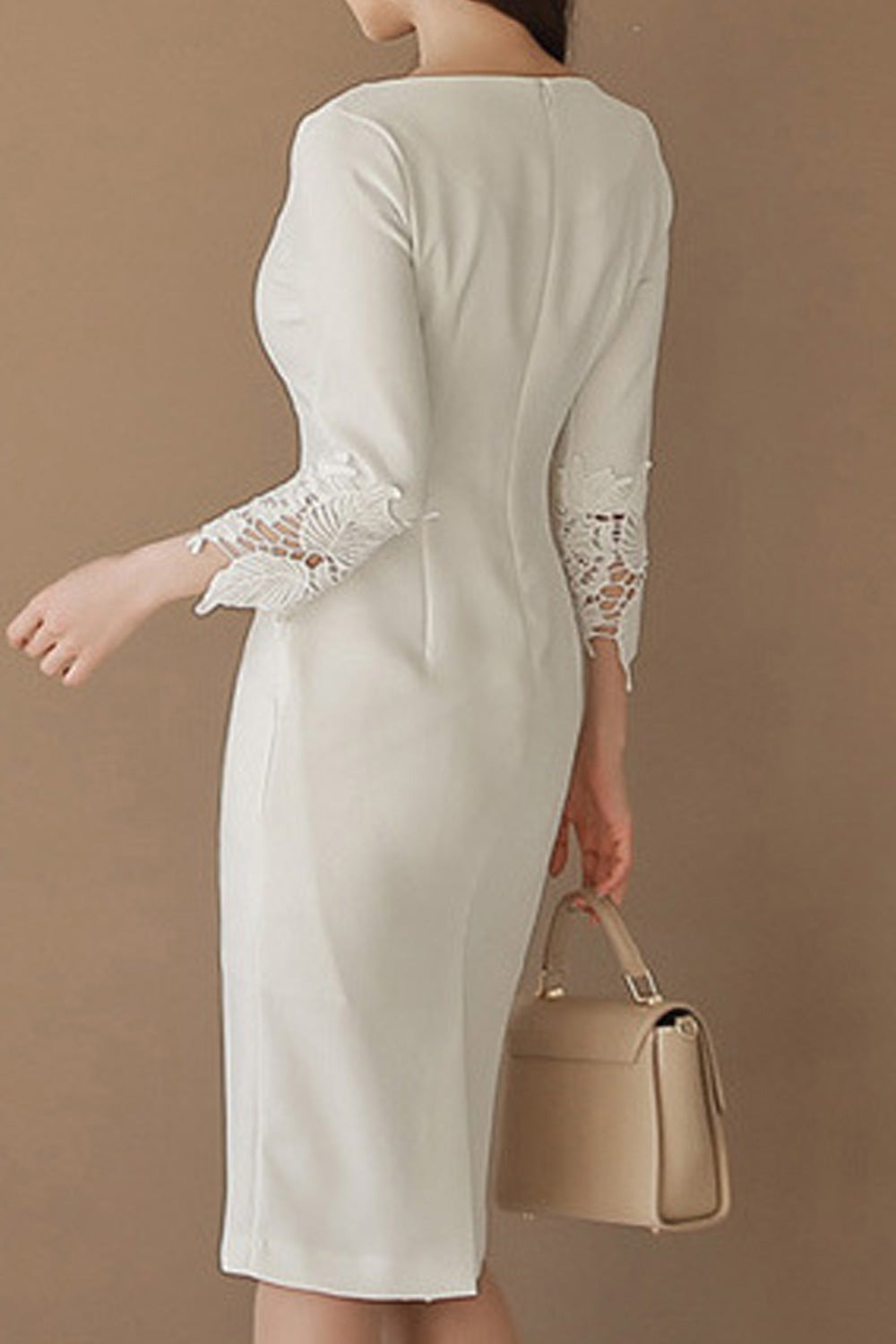 Women Long Sleeve Elegant Solid Pattern Lightweight Lace Round Neck Dress