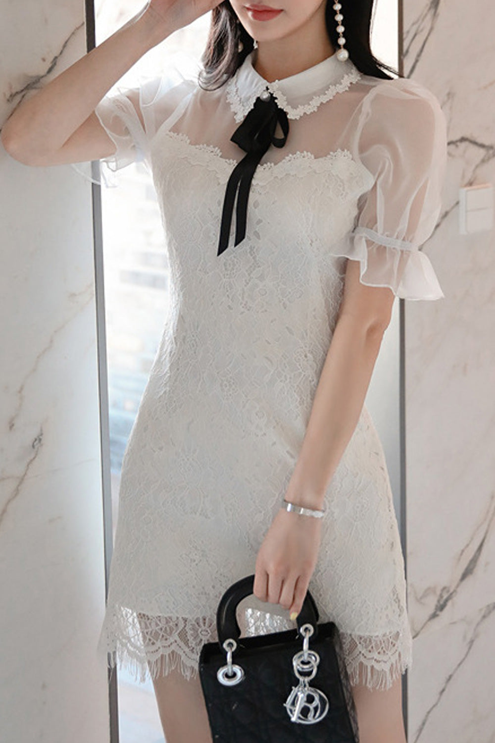 Women Thin Puff Short Sleeve Collar Neck Short Length Lace Embroidery Dress
