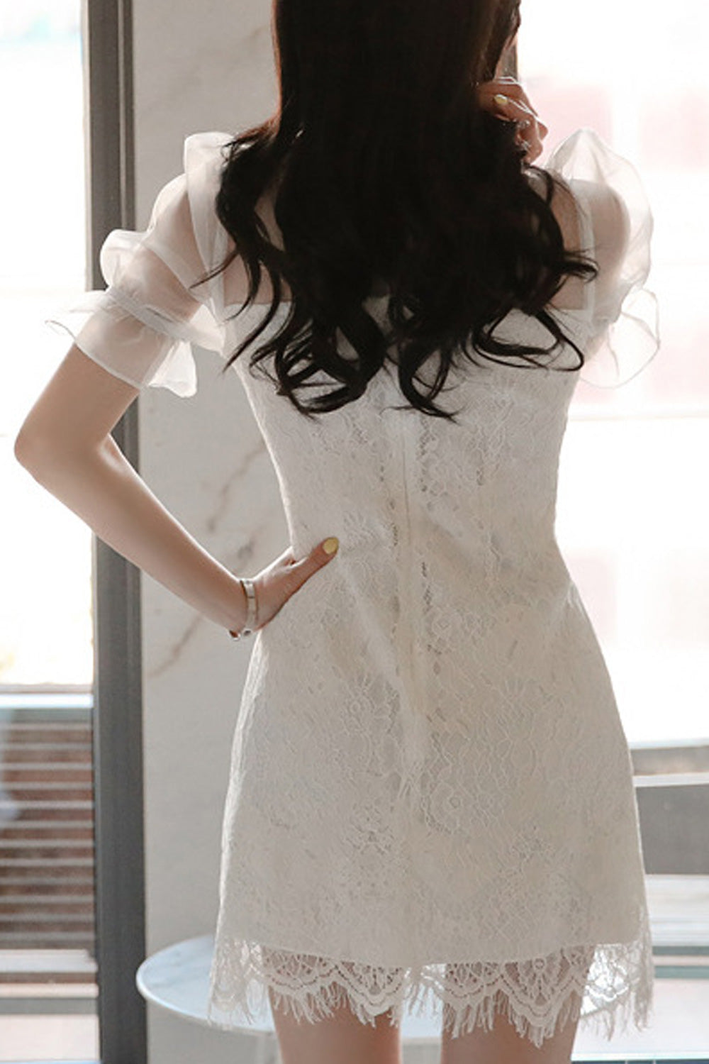 Women Thin Puff Short Sleeve Collar Neck Short Length Lace Embroidery Dress