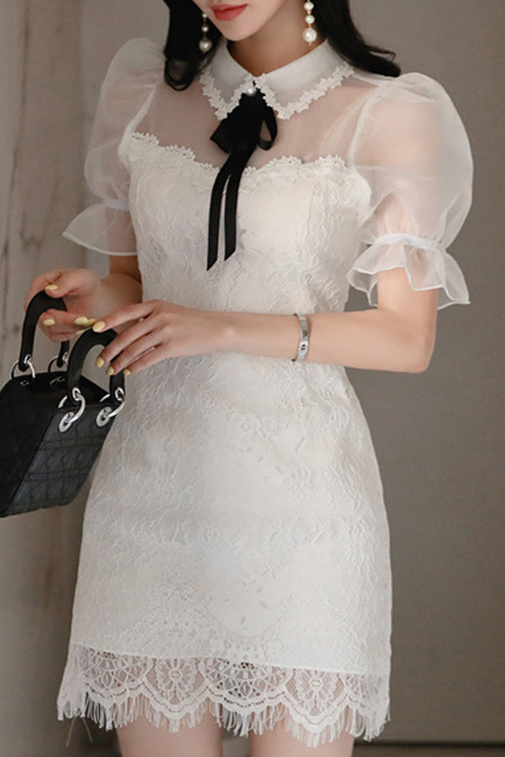 Women Thin Puff Short Sleeve Collar Neck Short Length Lace Embroidery Dress