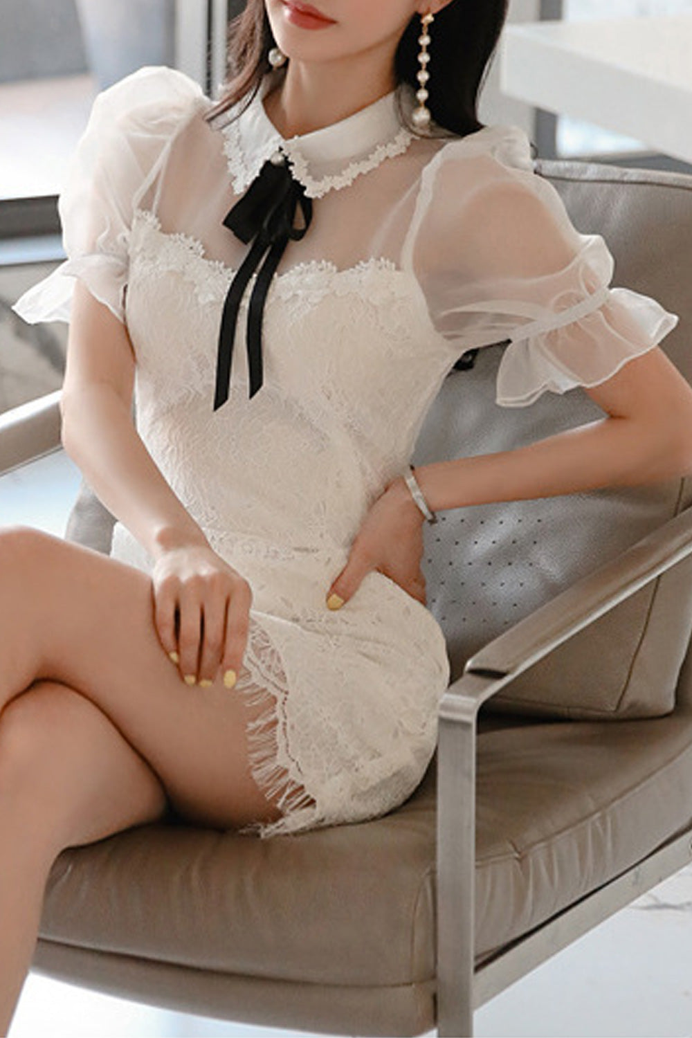 Women Thin Puff Short Sleeve Collar Neck Short Length Lace Embroidery Dress