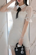 Women Thin Puff Short Sleeve Collar Neck Short Length Lace Embroidery Dress