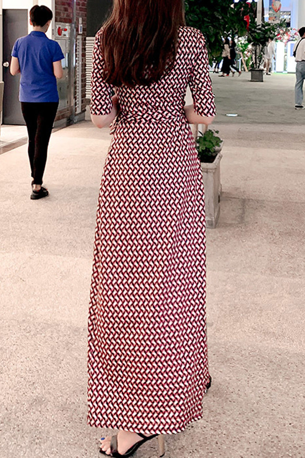 Women Breathable Long Length Elbow Sleeve V-Neck Printed Pattern Summer Dress