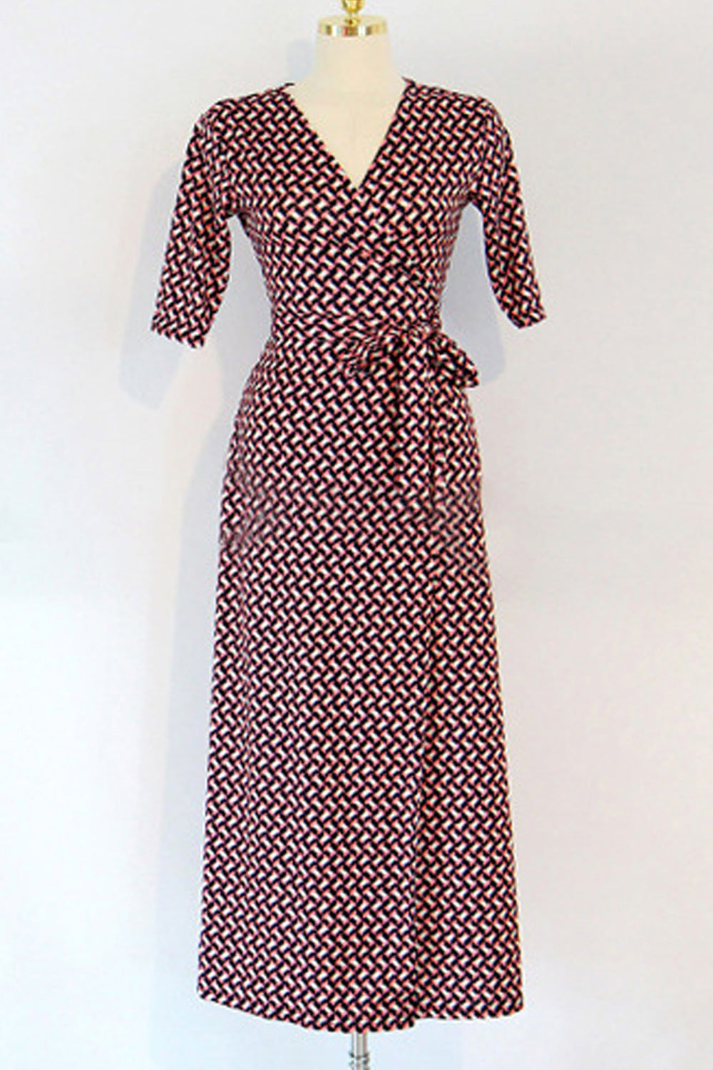 Women Breathable Long Length Elbow Sleeve V-Neck Printed Pattern Summer Dress
