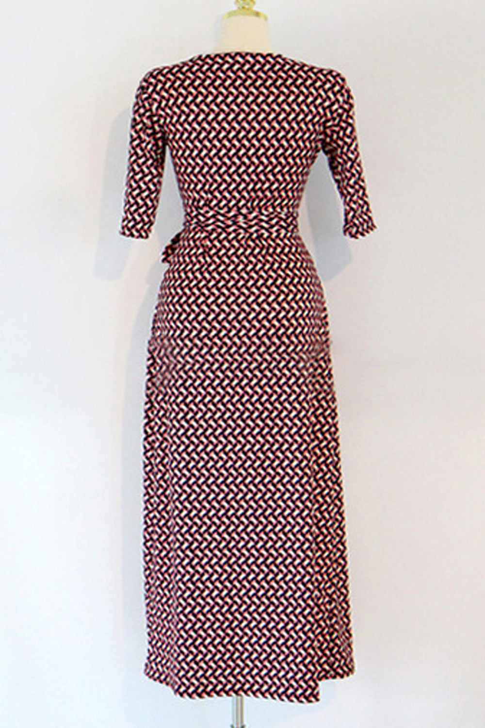 Women Breathable Long Length Elbow Sleeve V-Neck Printed Pattern Summer Dress
