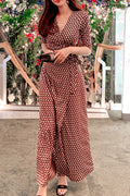 Women Breathable Long Length Elbow Sleeve V-Neck Printed Pattern Summer Dress