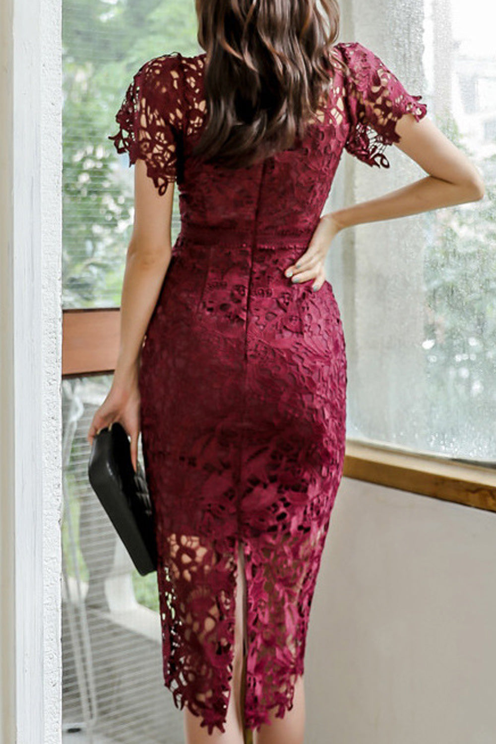 Women V-Neck Solid Colored Lace Pattern Slim Fit Party Dress