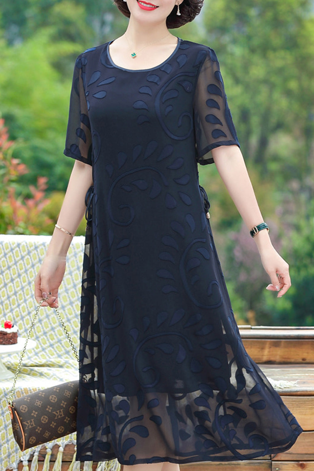 Women Round Neck Convenient Thin Short Sleeve Wonderful Mid Length Lace Embroidery Dress