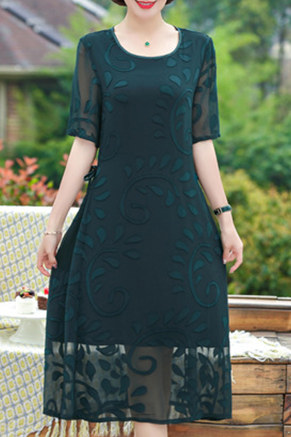 Women Round Neck Convenient Thin Short Sleeve Wonderful Mid Length Lace Embroidery Dress