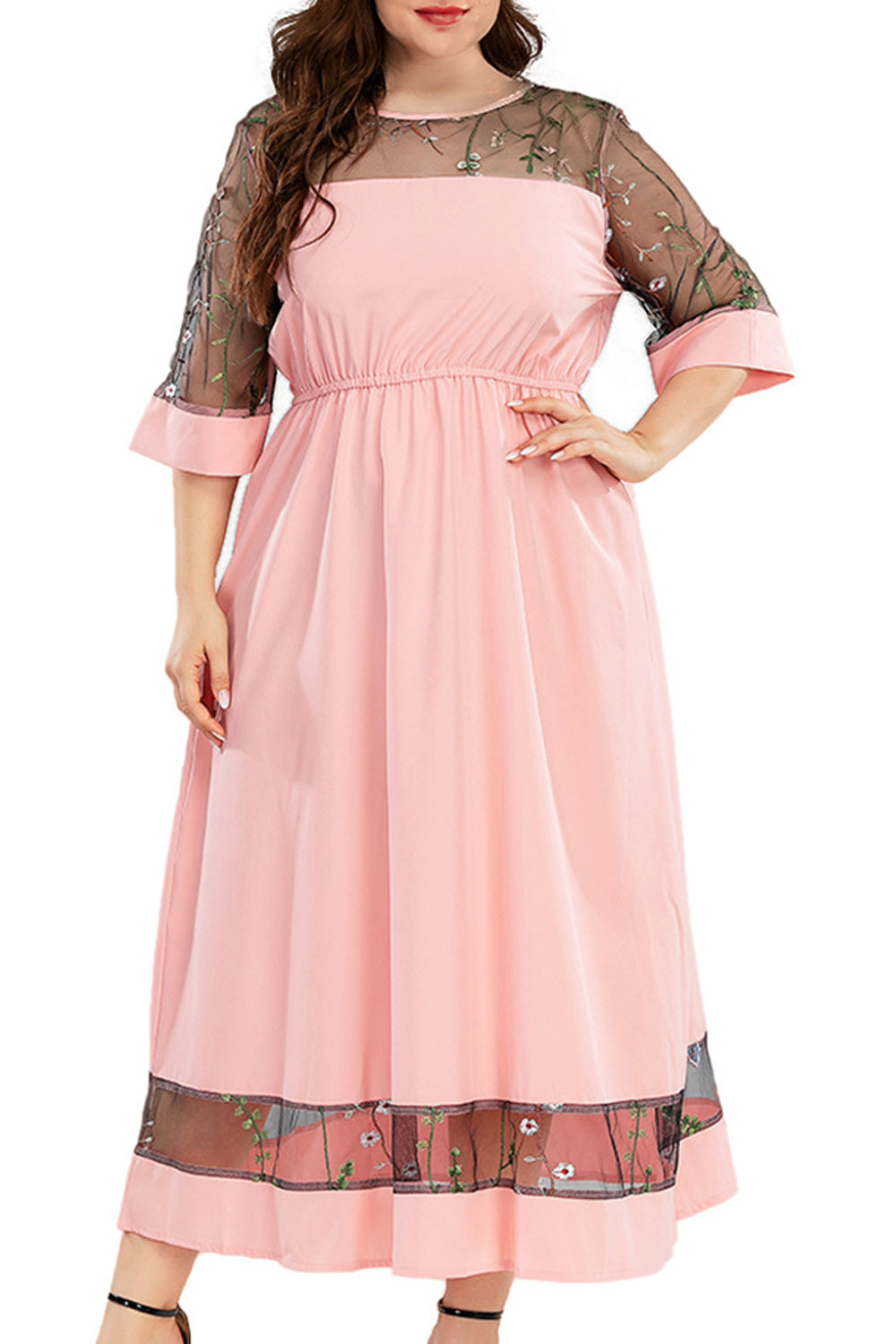 Women Plus Long Length Half Sleeve Round Neck Solid Colored Beautiful Thin Dress