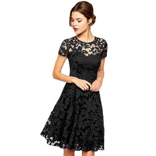 Women Halter Style Round Neck Short Sleeves Dress Red