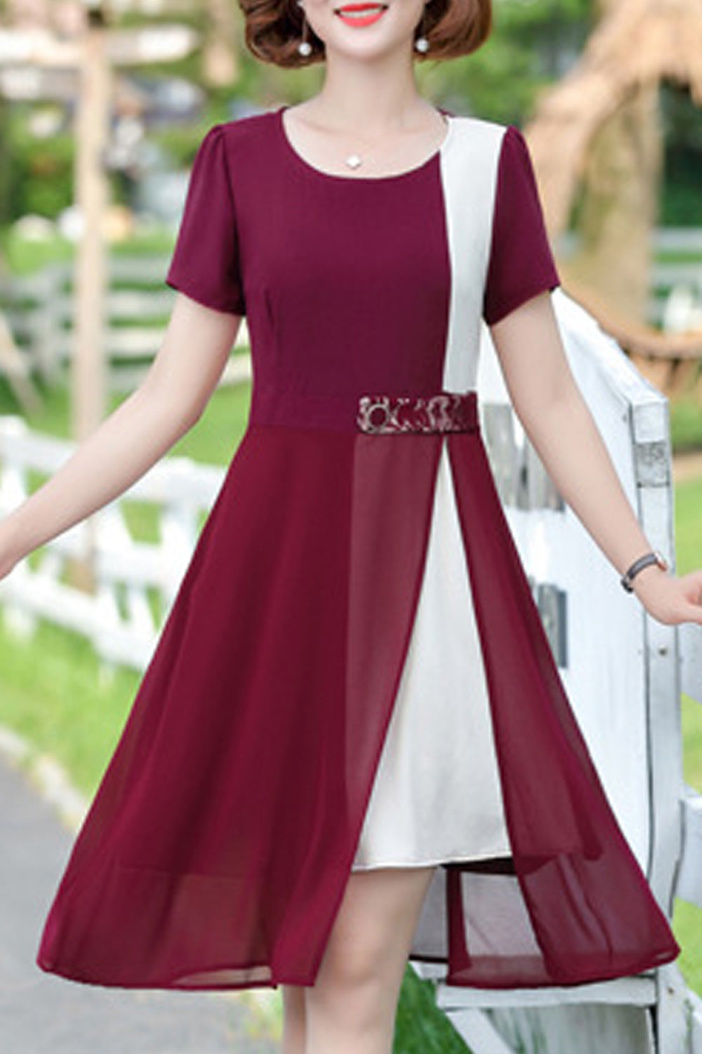 Women Elegant Thin Short Sleeve Round Neck A-Line Mid Length Comfy Dress