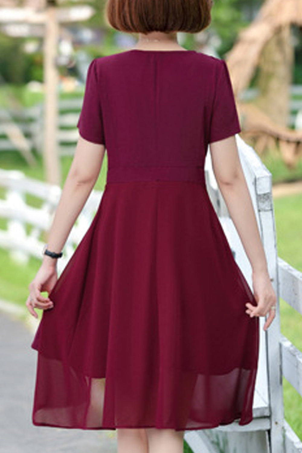 Women Elegant Thin Short Sleeve Round Neck A-Line Mid Length Comfy Dress