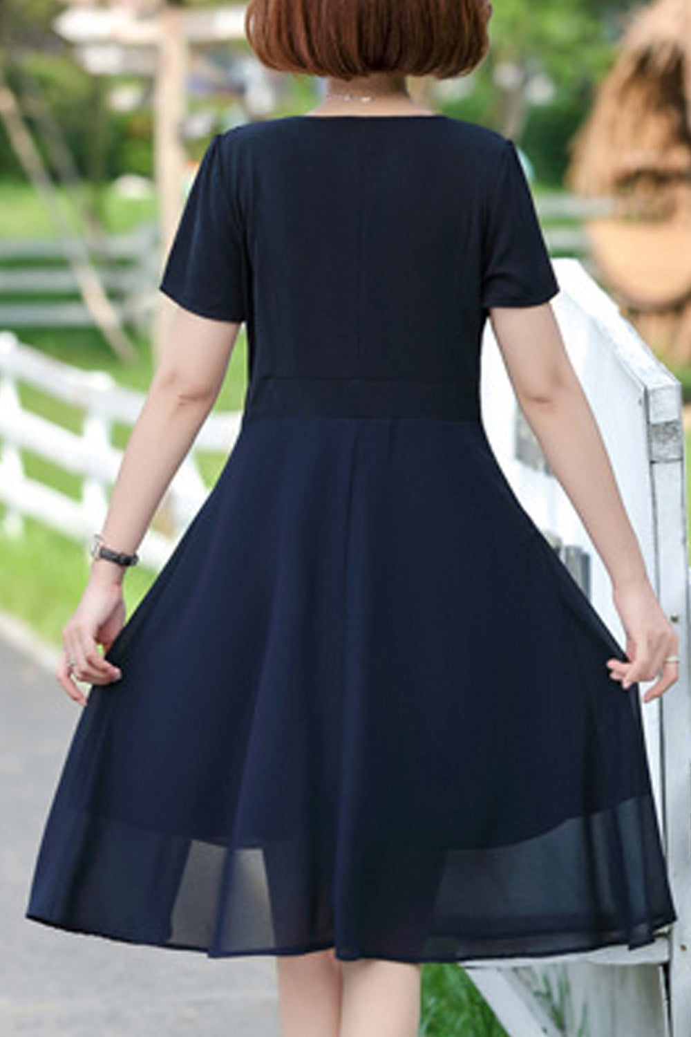 Women Elegant Thin Short Sleeve Round Neck A-Line Mid Length Comfy Dress