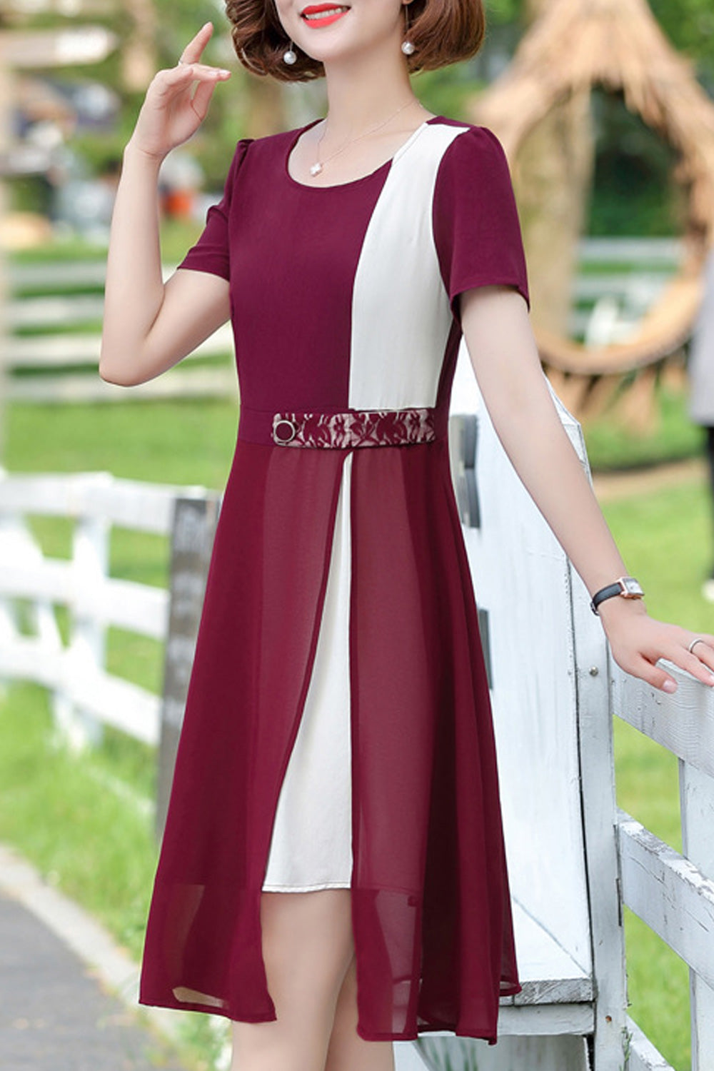 Women Elegant Thin Short Sleeve Round Neck A-Line Mid Length Comfy Dress