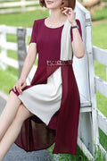 Women Elegant Thin Short Sleeve Round Neck A-Line Mid Length Comfy Dress