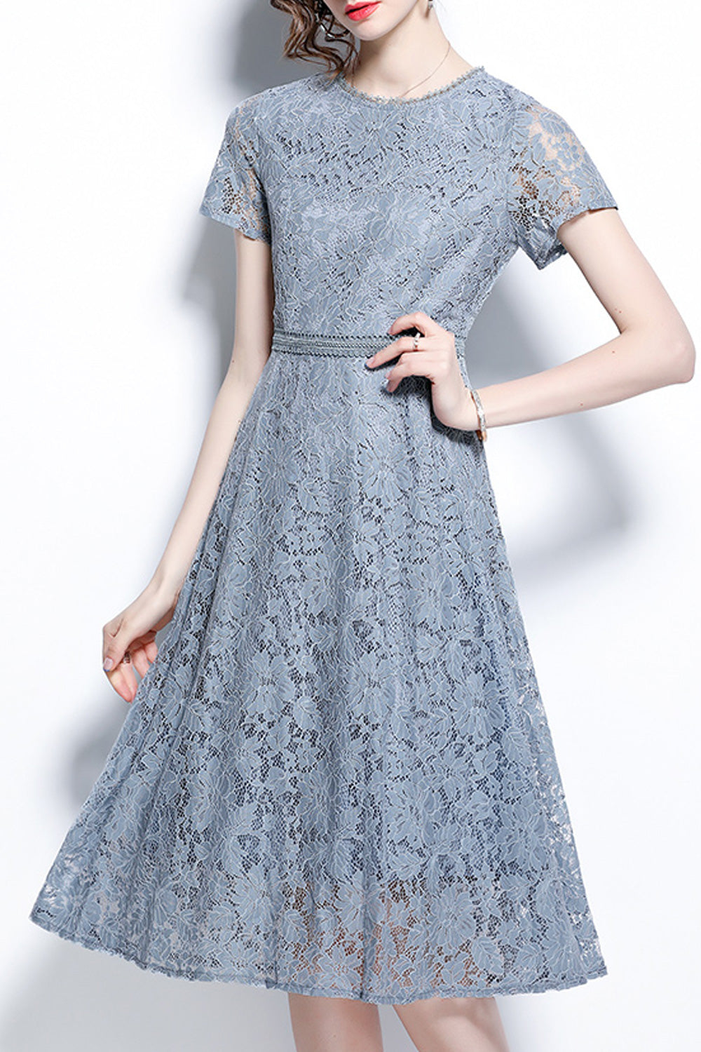 Women Short Sleeve Beautiful Lace Pattern Comfy Round Neck Loose A-Line Dress