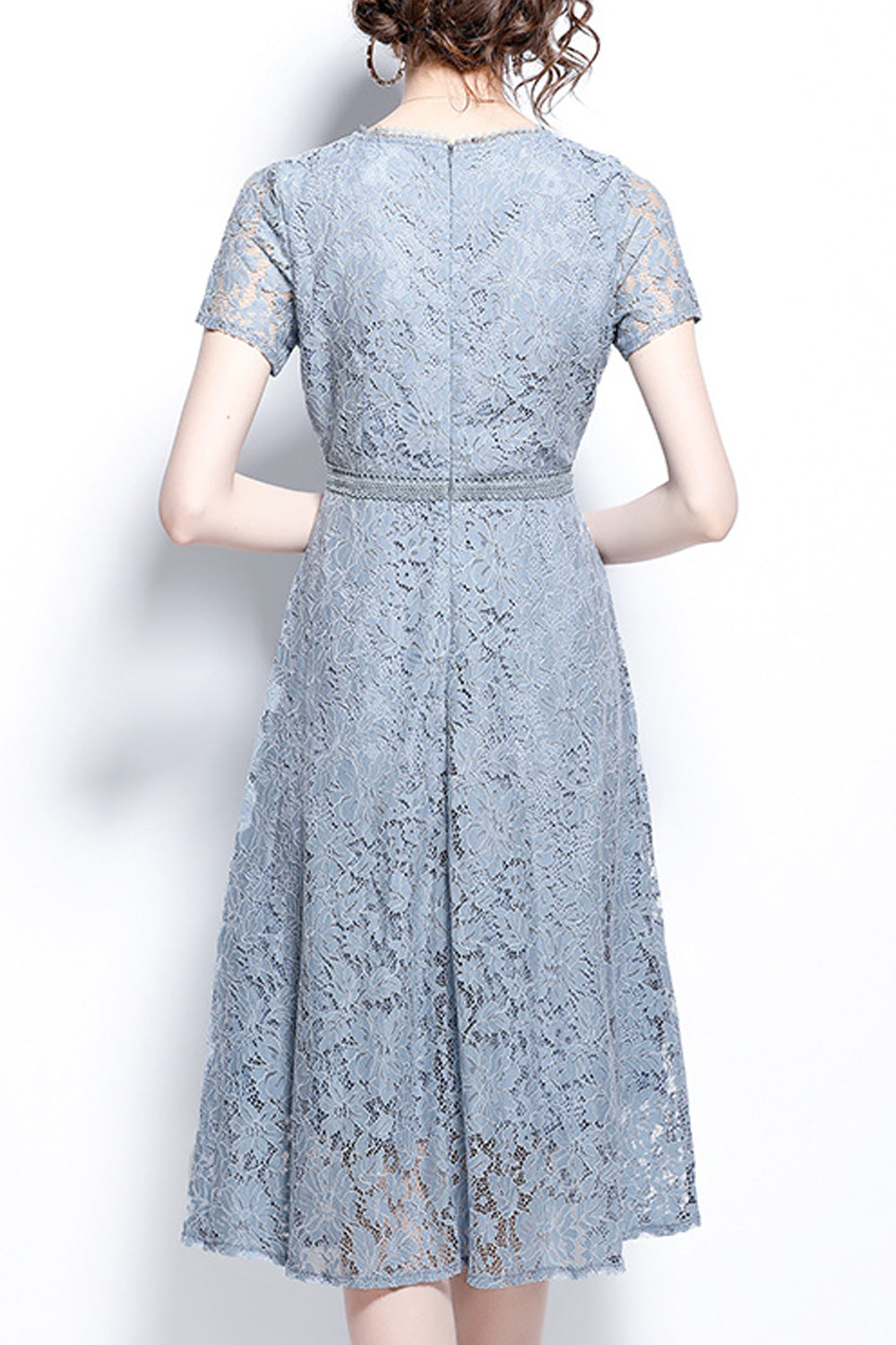 Women Short Sleeve Beautiful Lace Pattern Comfy Round Neck Loose A-Line Dress