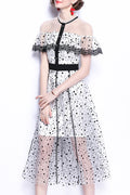 Women See Through Polka Dotted Mid Length Thin Mesh Graceful Dress
