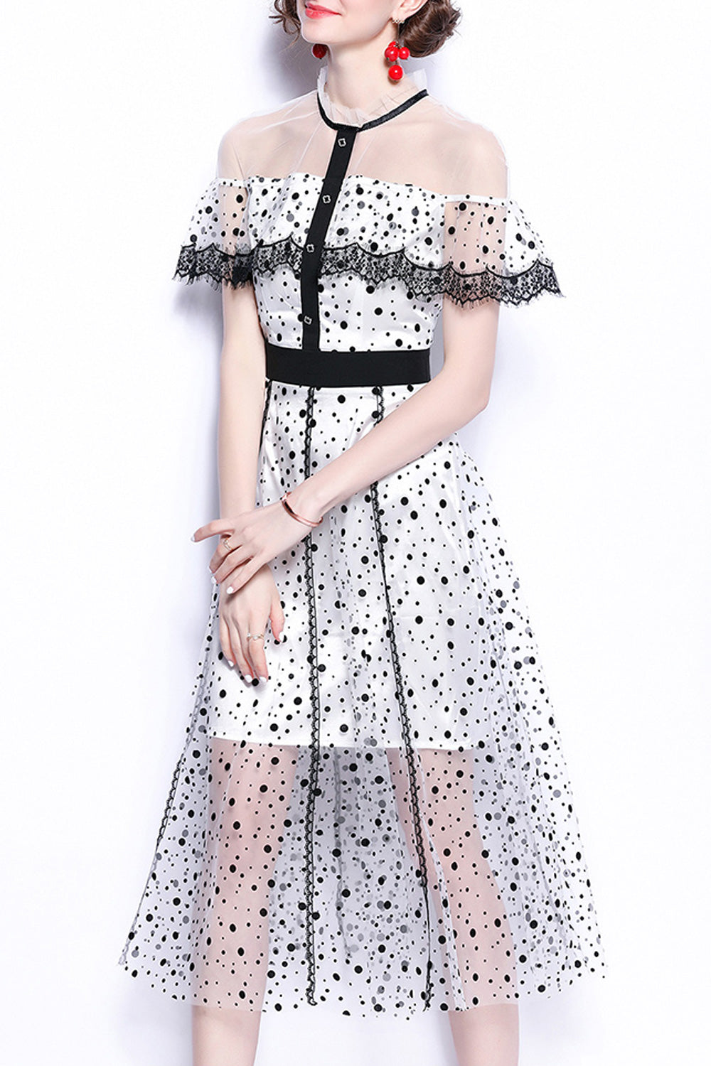 Women See Through Polka Dotted Mid Length Thin Mesh Graceful Dress