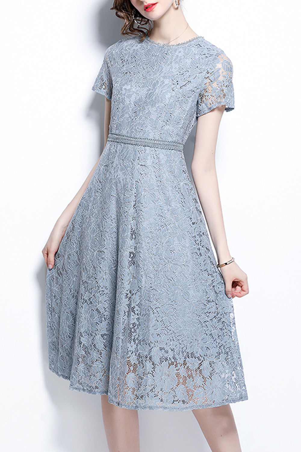 Women Short Sleeve Beautiful Lace Pattern Comfy Round Neck Loose A-Line Dress