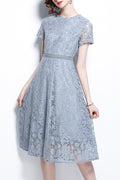 Women Short Sleeve Beautiful Lace Pattern Comfy Round Neck Loose A-Line Dress