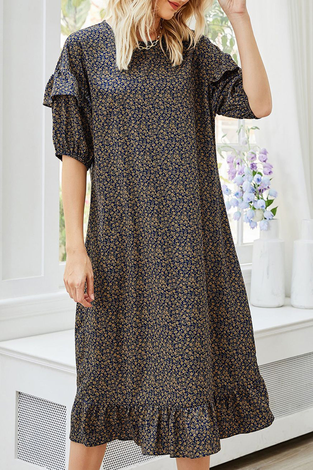 Women Ruffled Hem Short Sleve Summer A-Line Loose Breathable Summer Printed Beautiful Dress