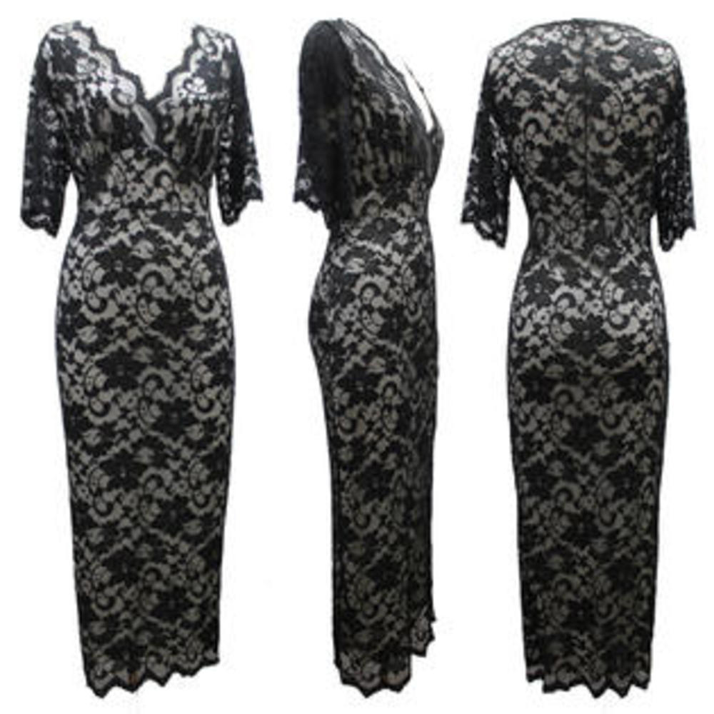Women Bodycon Knee Length Lace Decorated Dress