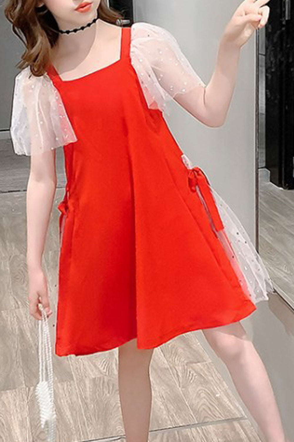 Kids Girls Solid Pattern Classy Square Neck Net Sleeve Pretty Dress